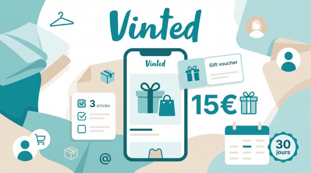 Illustration Vinted du parrainage avec 15€ de bons d'achat