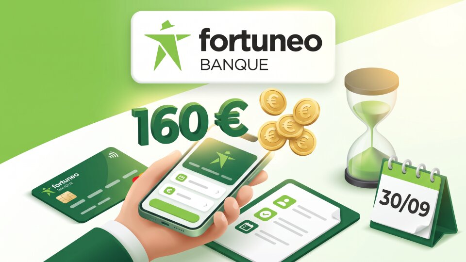 Logo Fortuneo, 160 € offerts avec la carte et l'application Fortuneo, un sablier et un calendrier au 30/09