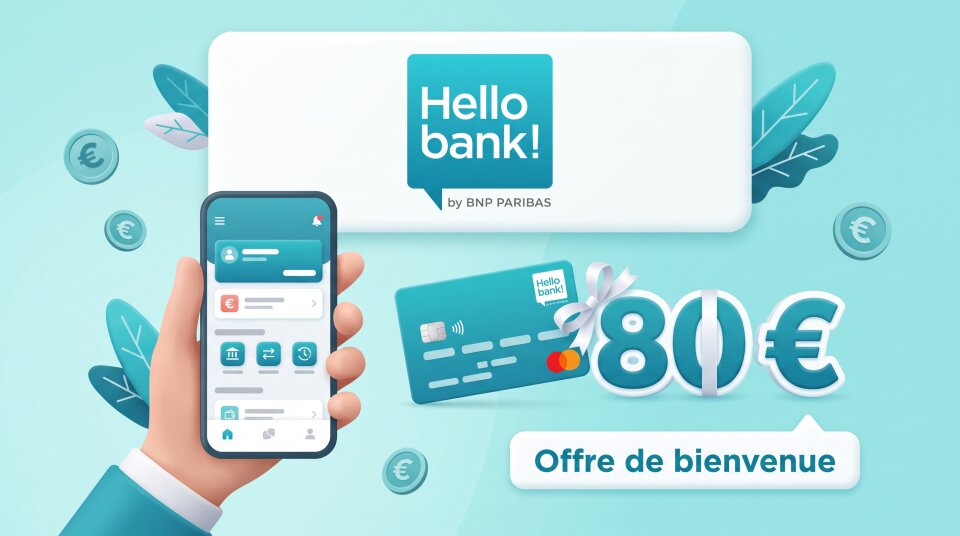 Logo Hello bank!, une carte et l'application Hello bank! avec 80 € offerts au filleul