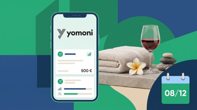 Illustration de l'offre de parrainage Yomoni : jusqu'à 500 € offerts au filleul et jusqu'à 3 expériences bien-être pour le parrain, campagne valable jusqu'au 8 décembre 2026.
