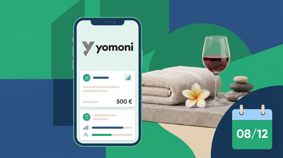 Illustration de l'offre de parrainage Yomoni : jusqu'à 500 € offerts au filleul et jusqu'à 3 expériences bien-être pour le parrain, campagne valable jusqu'au 8 décembre 2026.